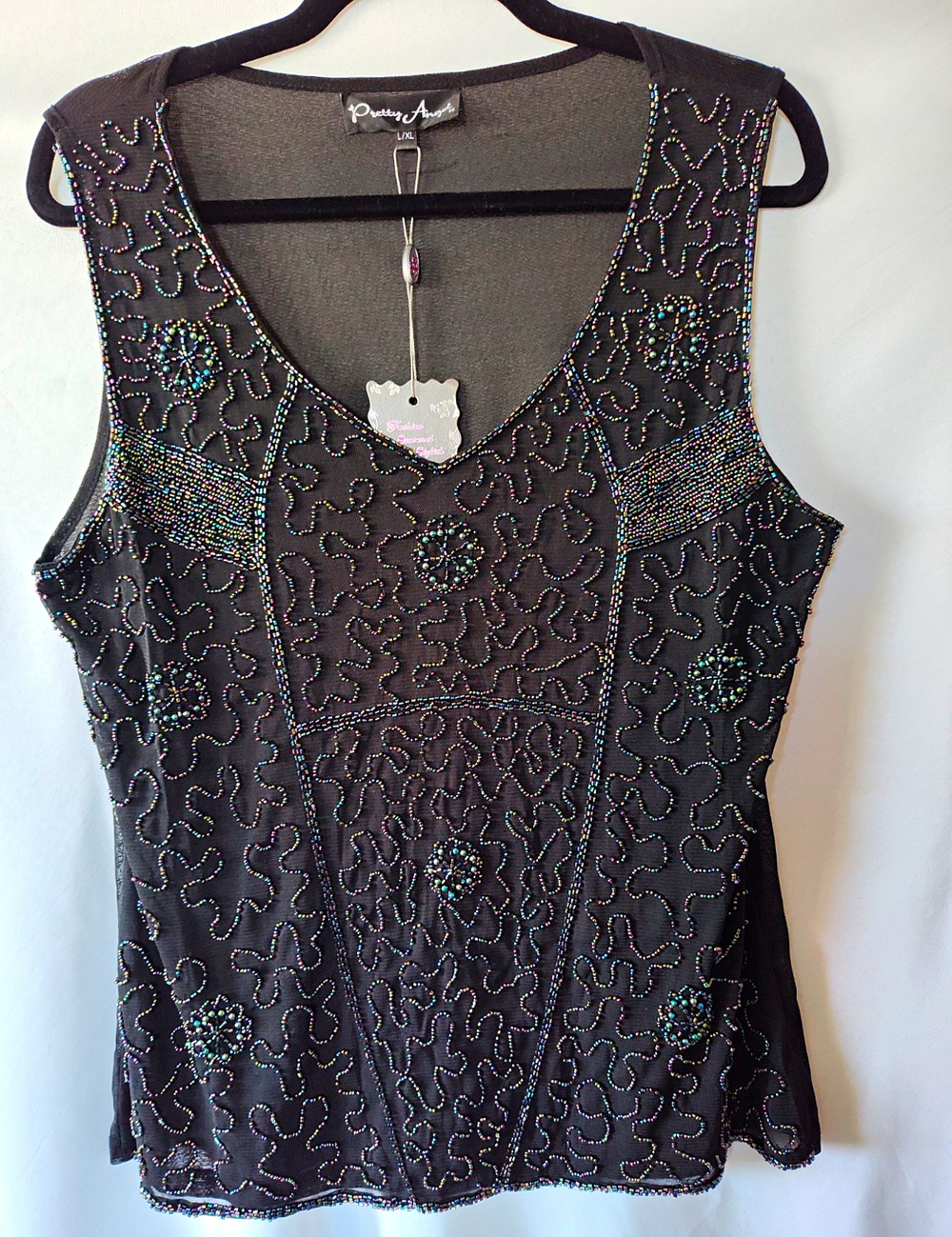 Pretty Angel L/XL Black Beaded Mesh Sheer Sleeveless Scoop Neck Pullover Tank